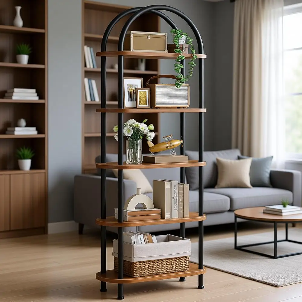 

5-уровневый промышленный арочный деревянный книжный шкаф для хранения дома, простая сборка, коричневый в деревенском стиле