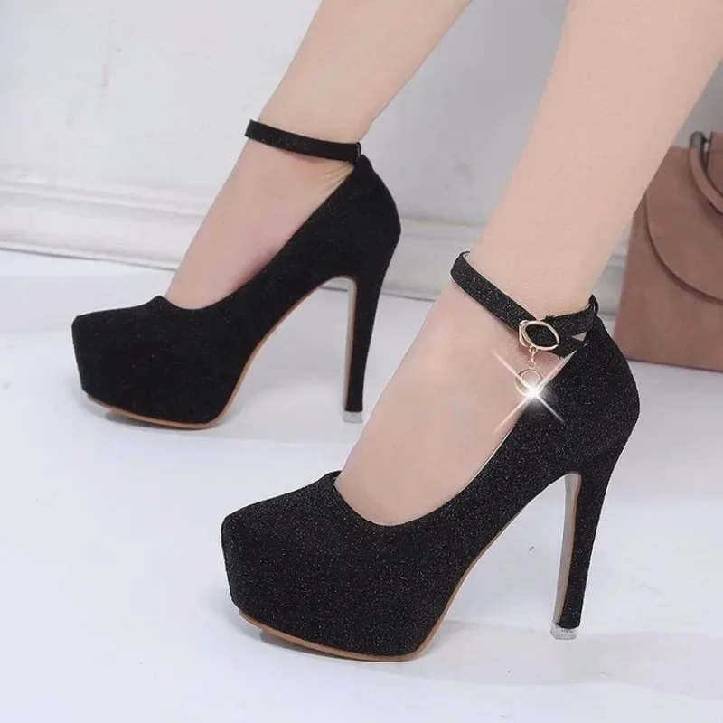 Fashion Wedding Shoes Women High Heels Pumps Bride Shoes Platform Super High Heel 12cm Black Silver Platform Shoes