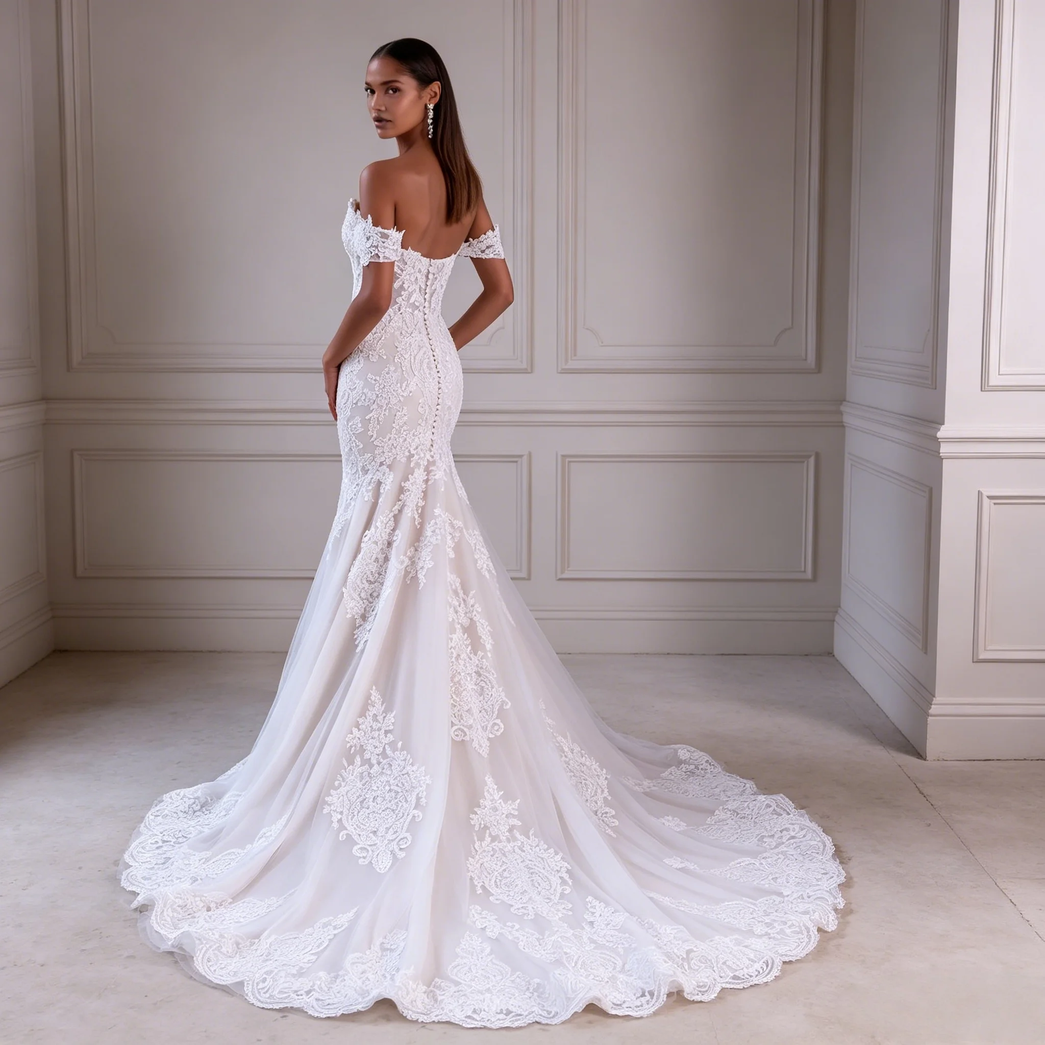Detachable Off Shoulder Lace Mermaid Wedding Dress Scallop Sweetheart Neck 3D Floral Appliques Low Back Bridal Gown Customizable