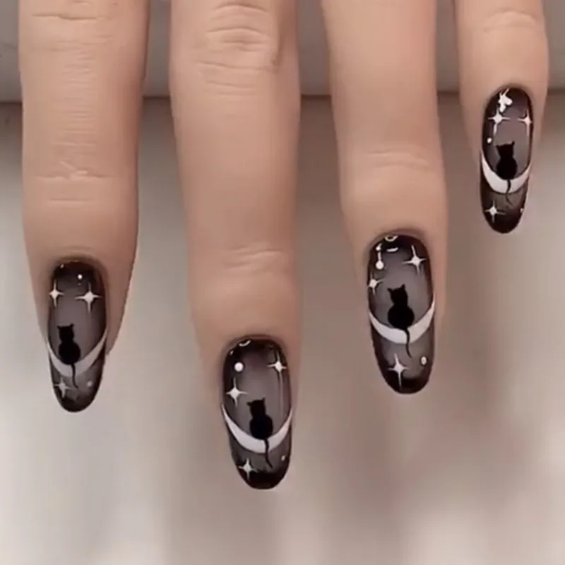 Uñas postizas acrílicas de 24 piezas, arte de especias geniales, puntas de uñas postizas, extraíbles, corazón francés, negro, medio largo