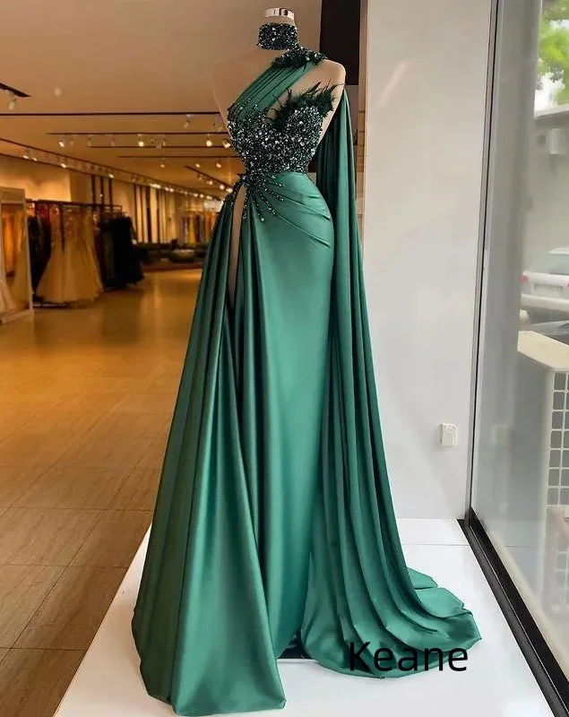 

Green Mermaid Beads Evening Dress vestido de festa Islamic Dubai Kaftan Saudi Arabic Evening Prom Dress
