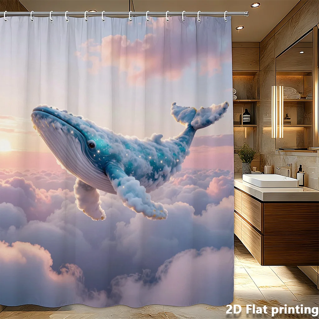 シャワーカーテン-71x71インチ-きらめきのある雲の中を飛ぶクジラ-2dフラットプリント、防水ポリエステル、グロメットトップ、洗濯機で洗えます