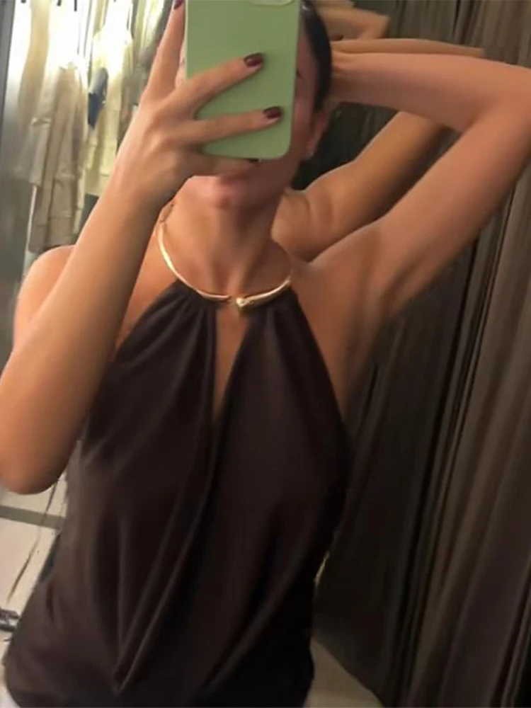 Golden Jewelry Necklace Jumpsuit Lady Circular Hanging Neck Deep V Collar Sexy Backless Slimming Bodysuit Women Siamese Summer