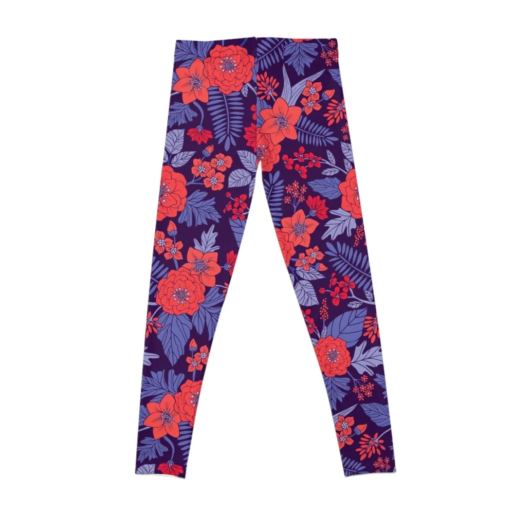 Purple, Red, Coral & Periwinkle Blue Floral Pattern Leggings exercise clothing for Women's fitness Womens Leggings