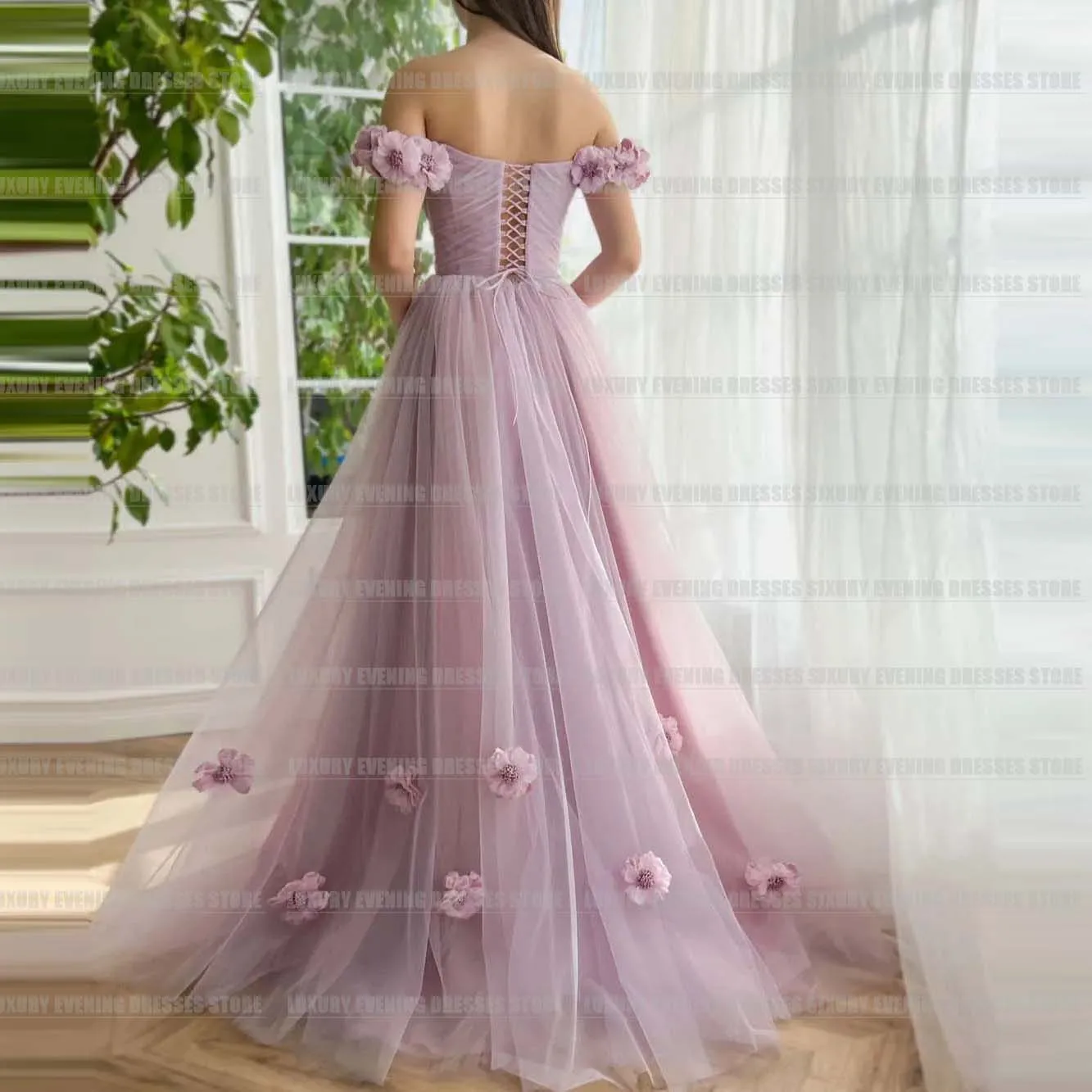 Luxury 3D ดอกไม้ชุดราตรีสายปิดไหล่เซ็กซี่ด้านข้างแยกผู้หญิงที่กําหนดเอง Elegant Prom Gowns Vestidos De Festa