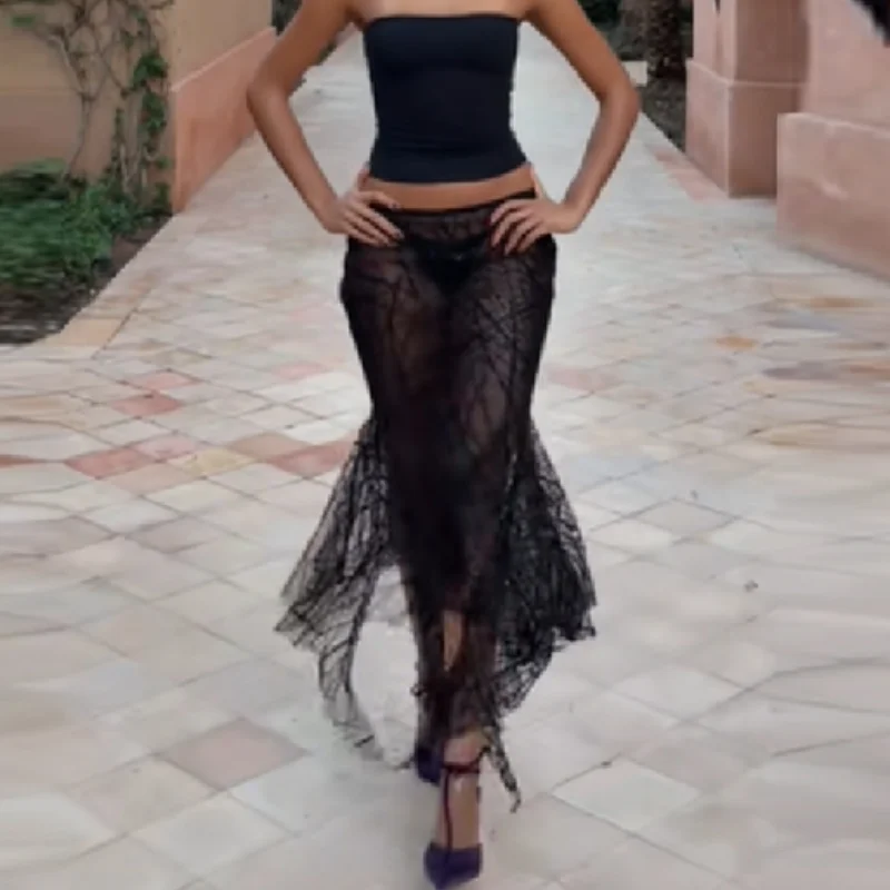 Falda Larga Maxi Negra Transparente con Líneas Brillantes, Chic, de Cintura Baja, Estilo Cola de Pez Irregular, Ropa de Mujer Y2K de Moda Urbana