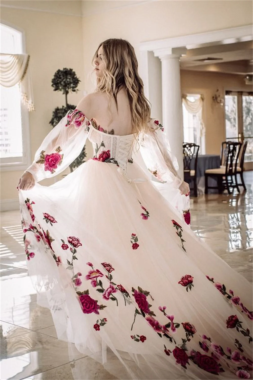 Cathy Off the Shoulder Prom Dresses Floor-length A-line vestidos de fiesta Elegant Puffy Sleeves Long Train Evening Dress 2024