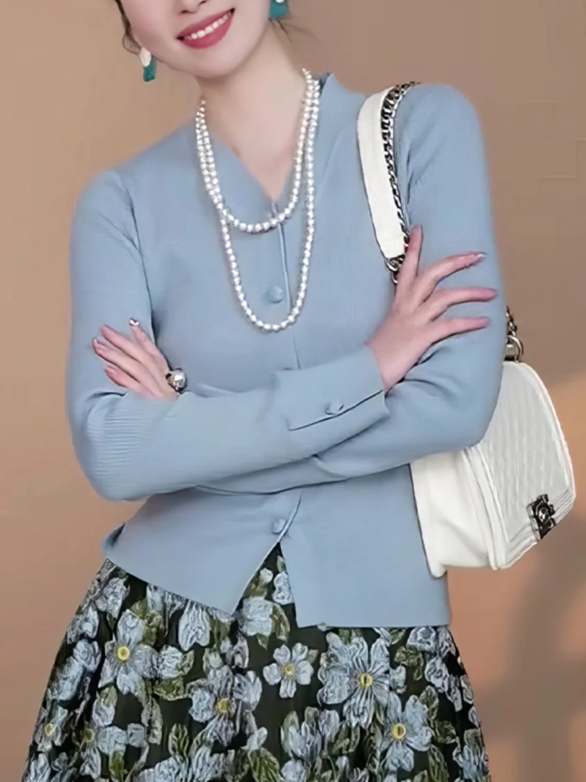 

Light Blue Single Button Knitted Open Cardigan Women's Sle Trendy Korean Simple Elegance Ins Sle Spring Commute Wind