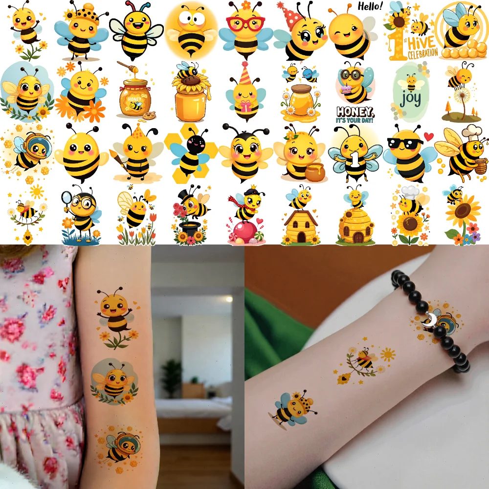 

63 шт., временная татуировка, пчела с цветами, временные татуировки, наклейки, пара пчел, вечерние водонепроницаемые долговечные наклейки для тела