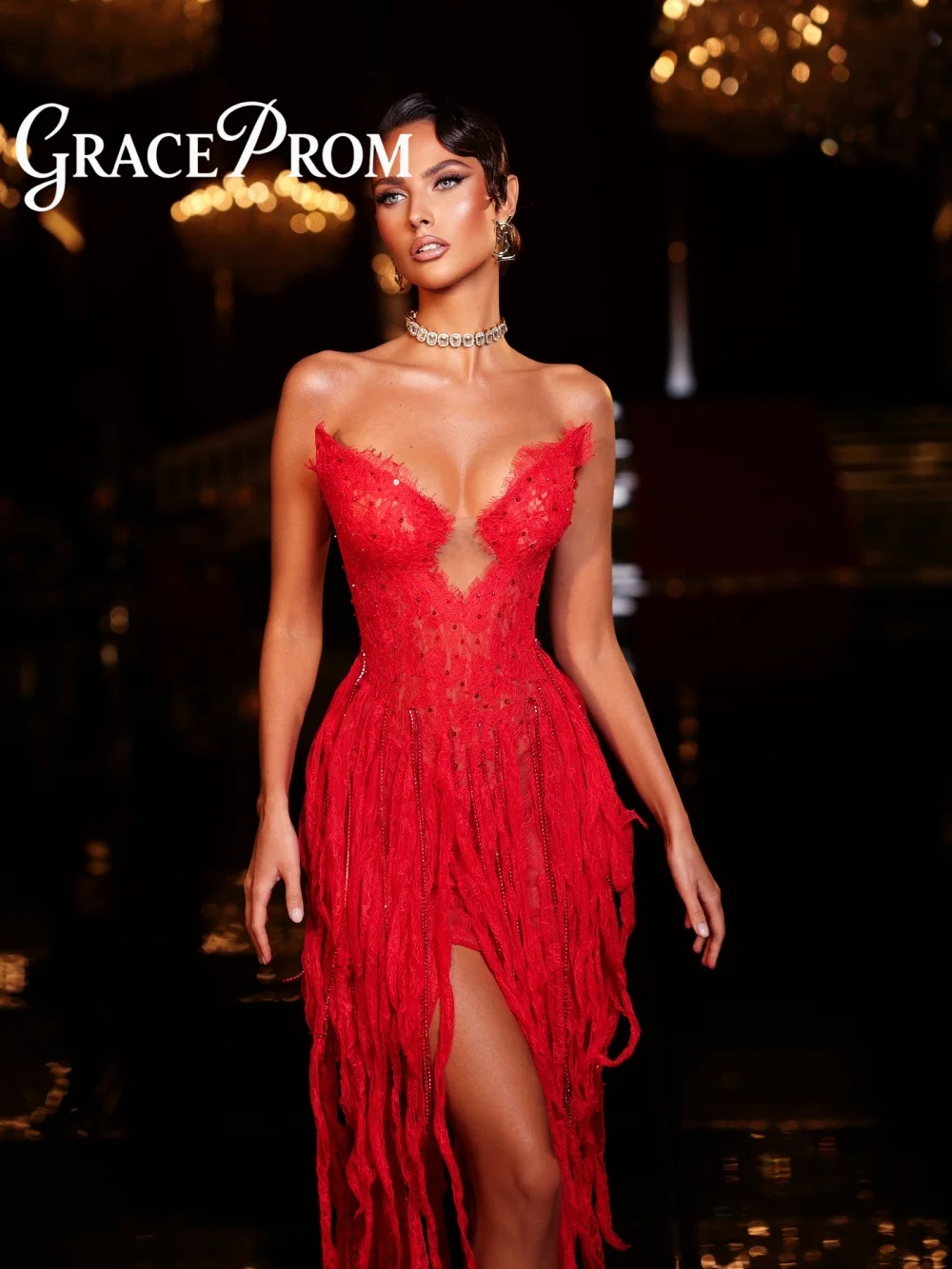 

GraceProm Sexy Fringed Evening Dress 2026 Elegant Strapless Carpet Gown Fashion A-Line Knee Length Party Gown فساتين سه