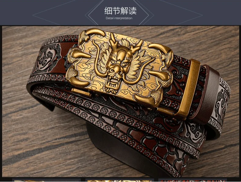 3,5 cm Beliebter chinesischer Loong-Gürtel aus Metalllegierung mit automatischer Schnalle, luxuriöser Herren-Gürtel aus echtem Leder, Retro-Gürtel mit geschnitzten Blumen – Detail 12