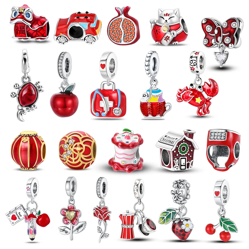 Red Series 925 Sterling Silver Apple Strawberry Lantern Flowers Turtle Butterfly Charm Pendant Fit Brand Bracelet Premium Gift