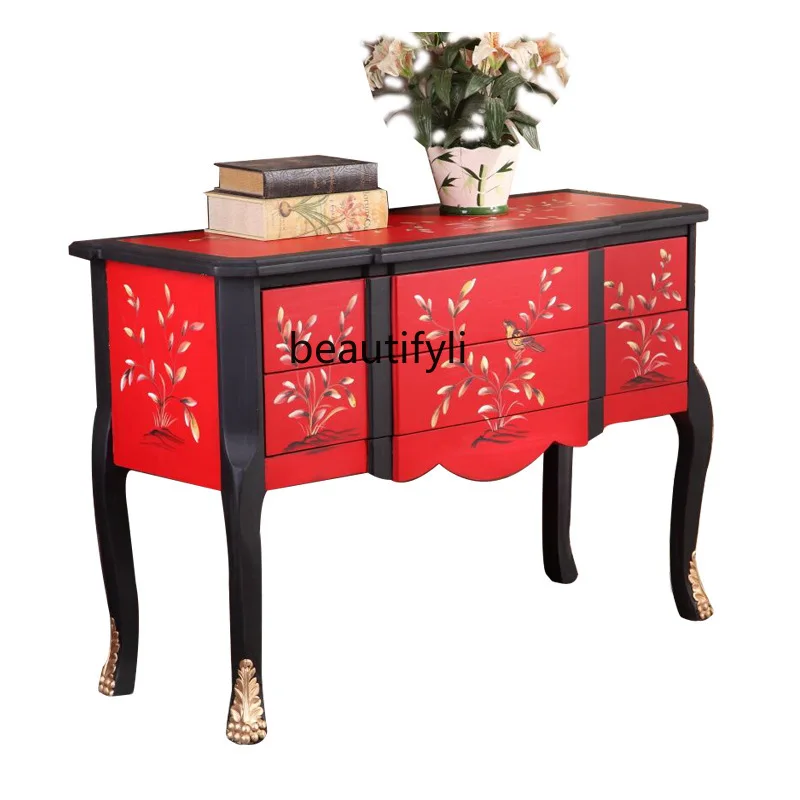 American rural entrance cabinet high-end two-bucket decoration, window cabinet hand-painted flowers and birds red dining edge