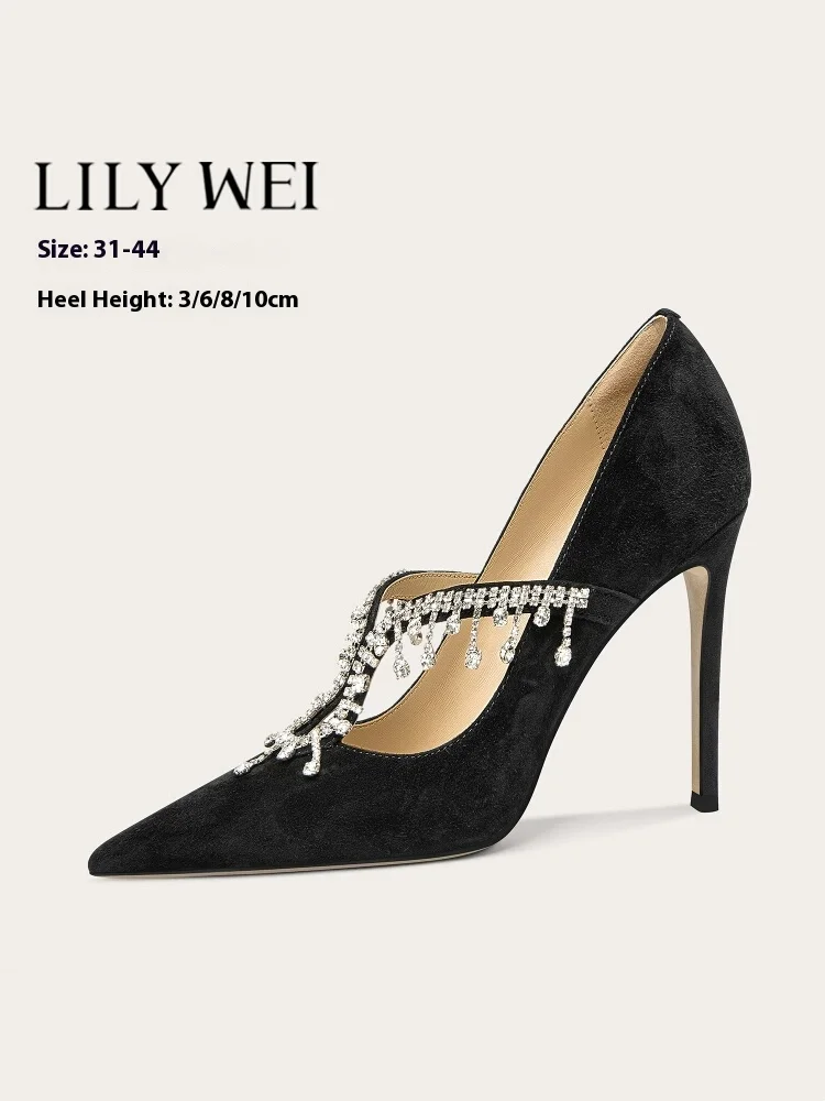 

Spring new pointed shallow suede rhinestone chain low-heeled shoes thin high-heeled banquet large size small size women's shoes