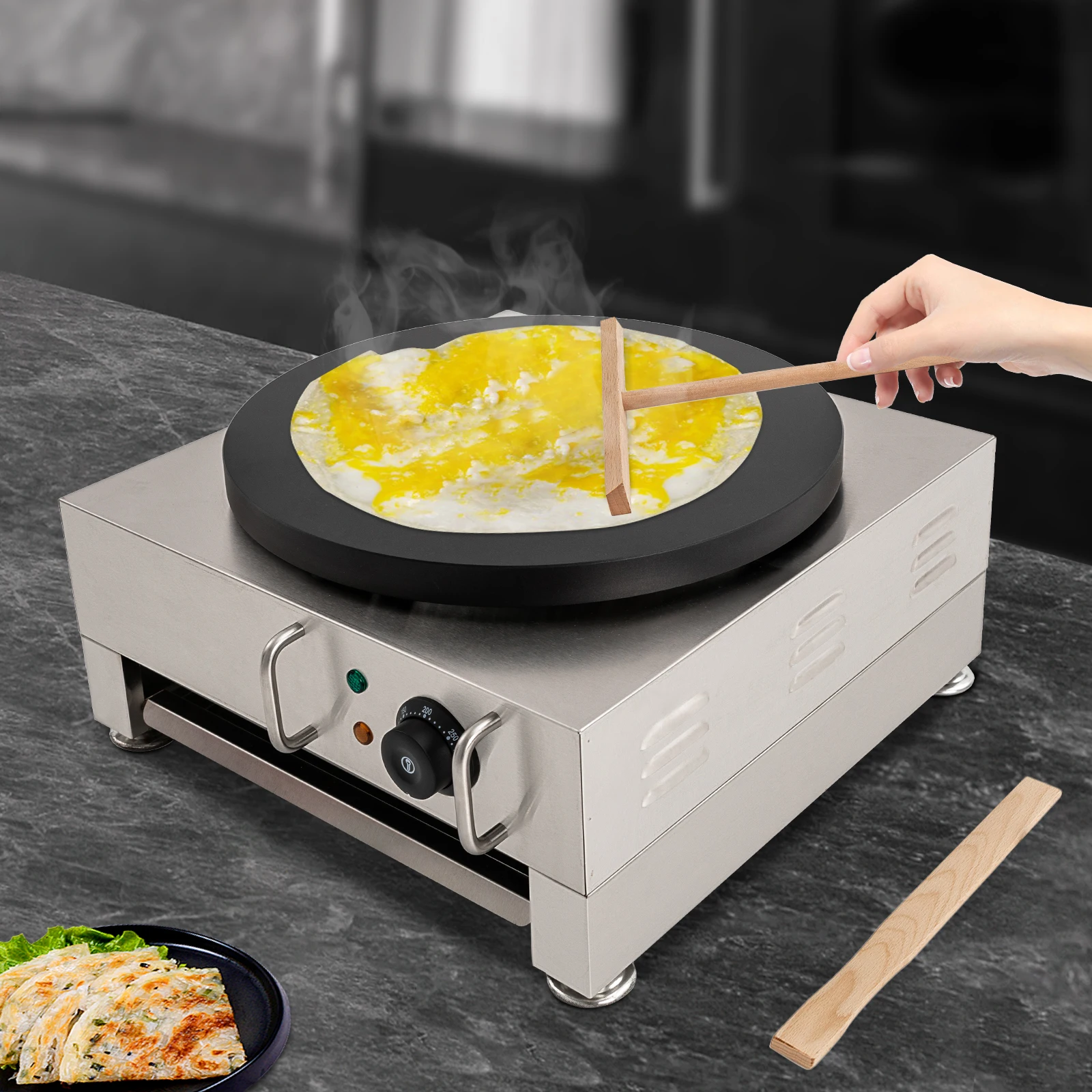 Máquina para Hacer Crepas Eléctrica de 2800W, Antiadherente, de Hierro Fundido, con Temperatura Ajustable, Comercial, con Espátula de Madera