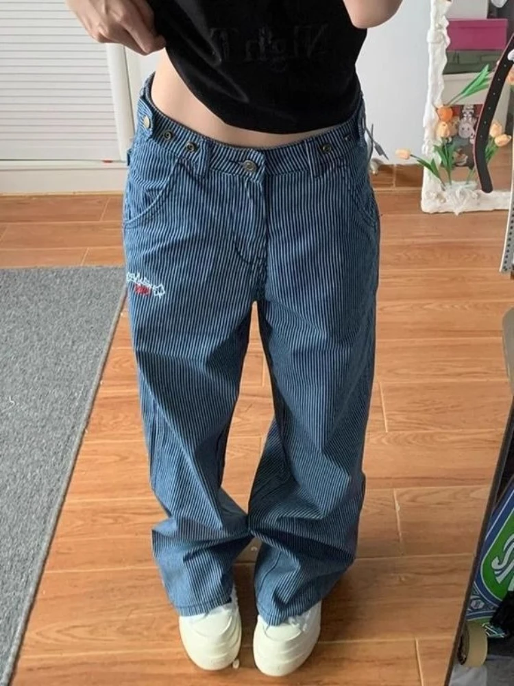 

HOUZHOU Vintage Striped Blue Jeans Women Y2k Hip Hop Straight Denim Trousers Grunge Retro Fashion Wide Leg Jeans Streetwear