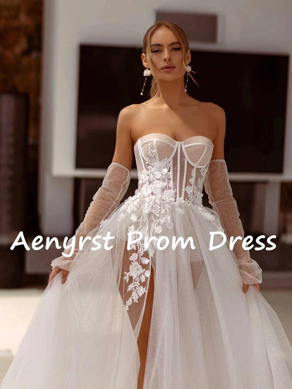 Aenyrst-vestidos De novia elegantes con apliques, traje bohemio De tul con corte en A y abertura lateral, Vestido largo De novia