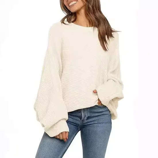 2024 Europe and The United States Round Neck Solid Color Loose Sweater Top, Casual Pullover Bat Long-sleeved Sweater Woman