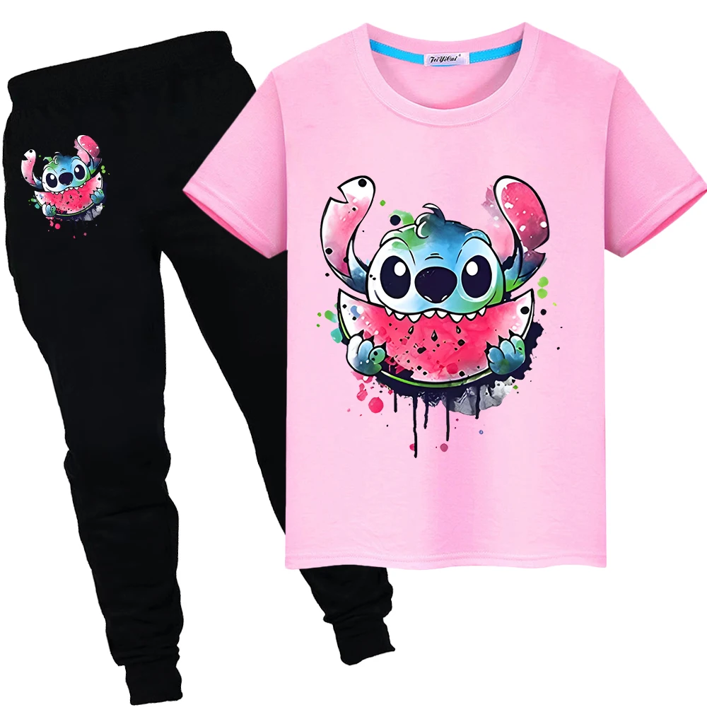 

Disney boy girl Sets Stitch Print 100%Cotton T-shirt Kawaii Short Tops+pant kids Day gift disney Tshirts Summer Toddler clothes