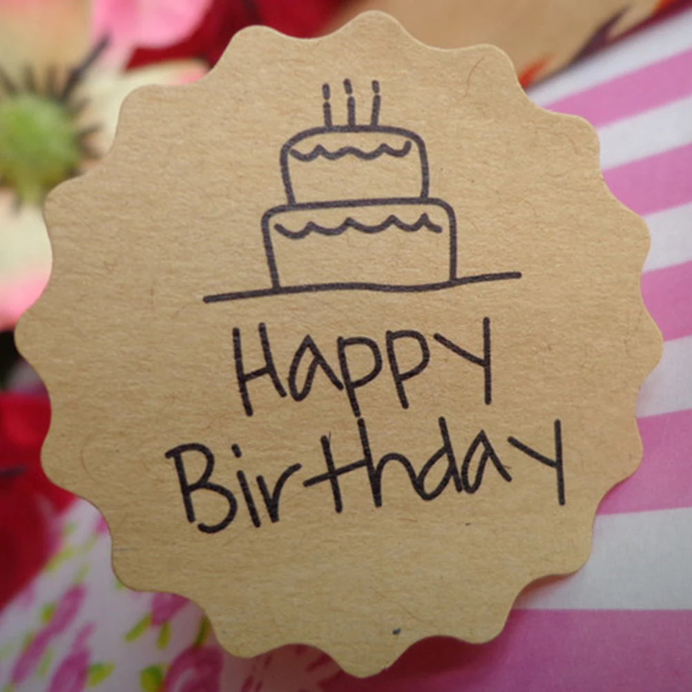 

120Pcs Happy Birthday Kraft Stickers Round Enclosure Cards Wedding Favor Gift Tags Custom Writing Decor