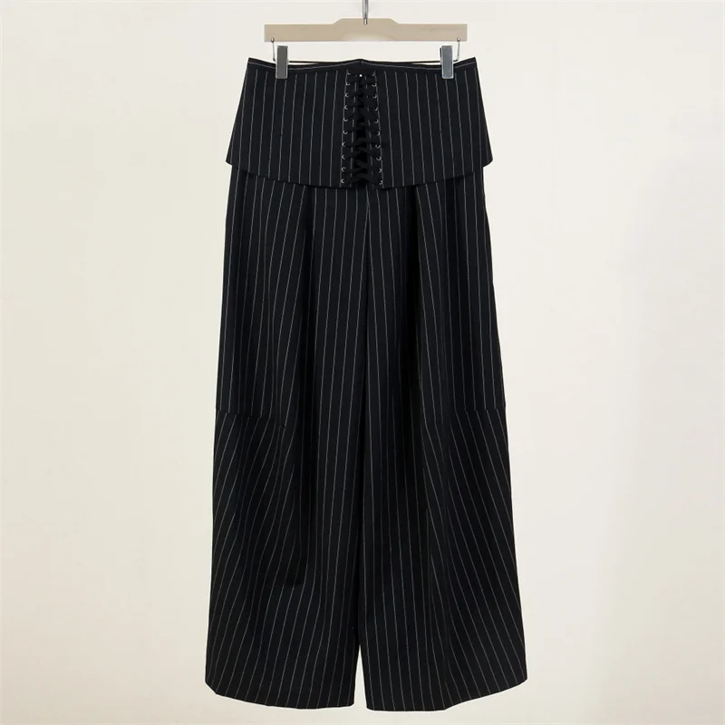 Pantalones de mujer nuevos pantalones de pierna recta de cintura alta para otoño 2025, pantalones de traje a rayas de mezcla de lana, pantalones ajustados con cordones de espina de pescado