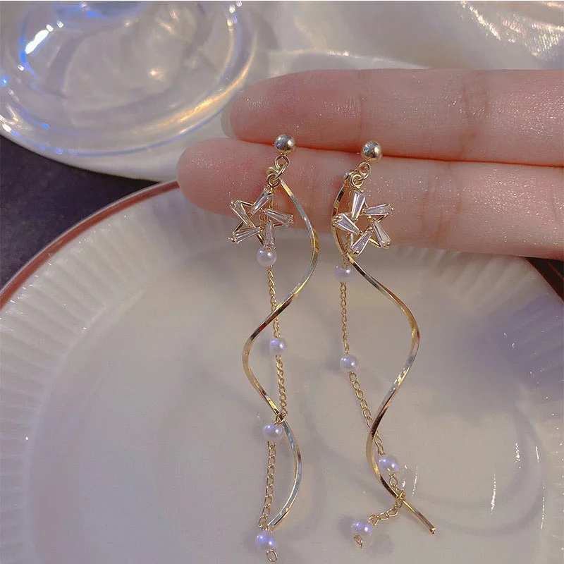 Light Luxury Zircon Star Pearl Wave Long Tassel Earrings Women Temperament Fashion Jewelry Dainty Gifts image 3