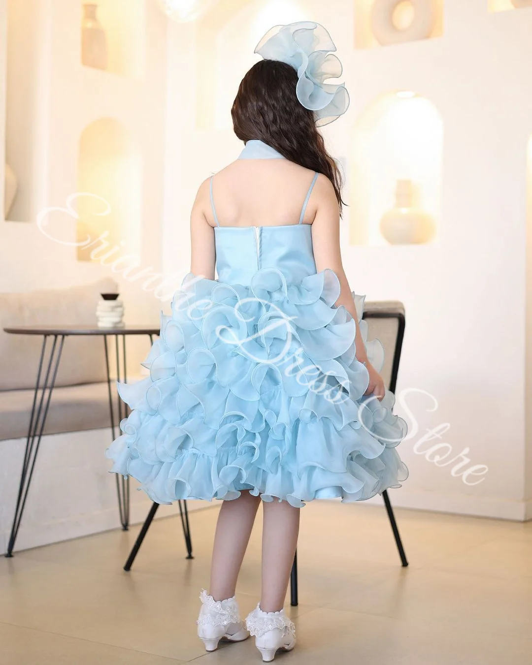 

Платье с цветочным узором для девочек по индивидуальному заказу на свадьбу, небесно-голубое многослойное тюлевое пышное детское бальное платье без рукавов для дня рождения, первого причастия