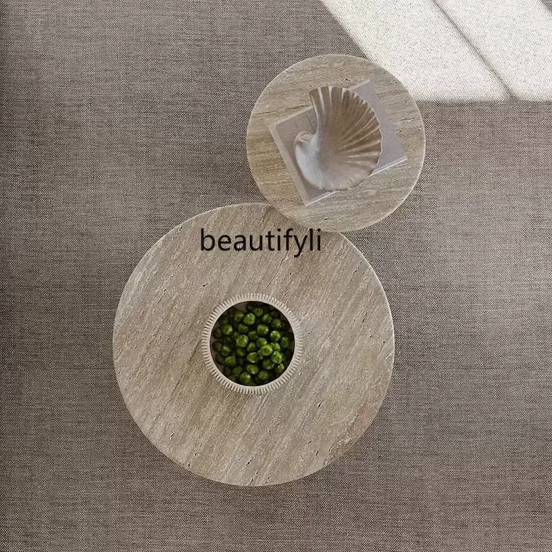 

LJYWabi Sand Wind Beige Natural Travertine Size Round Coffee Table B & B Living Room Household Light Luxury Marble Side Table