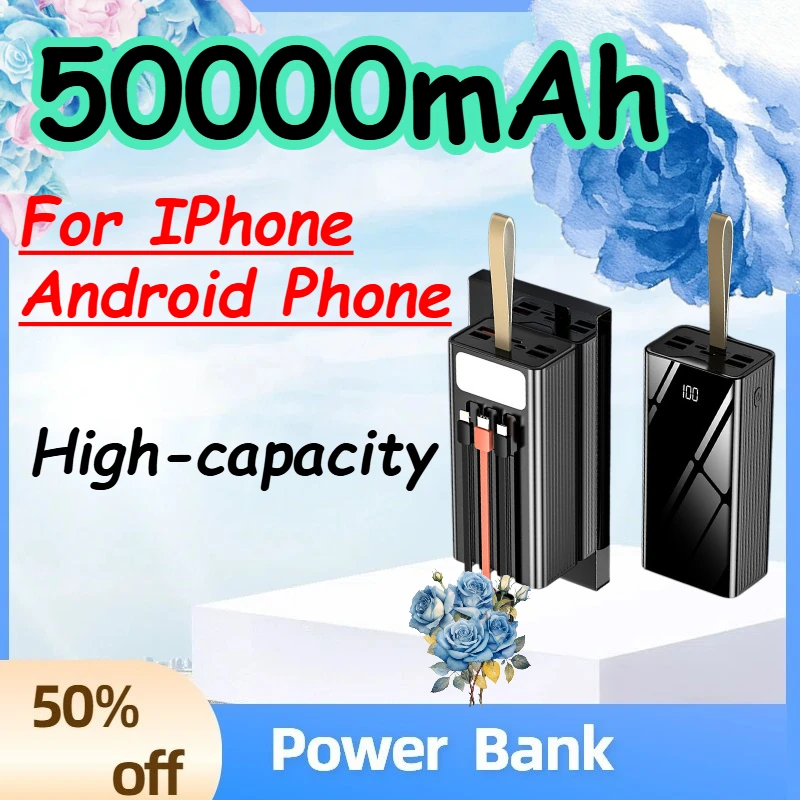 

50000mAh High-capacity Mobile Power Bank for IPhone Android Phone PowerBank with Built-in Cable