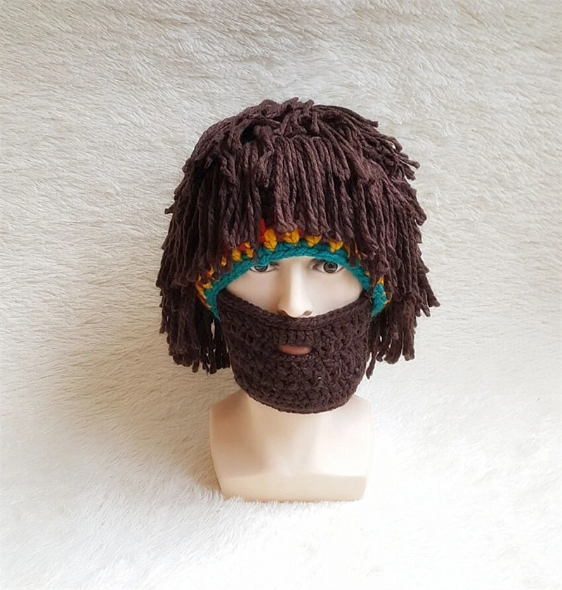 Funny Men Women Knit Bearded Hats Handmade Wig Winter Warm Ski Mask Beanie Rasta Hat with Dreadlocks Christmas Halloween Caps