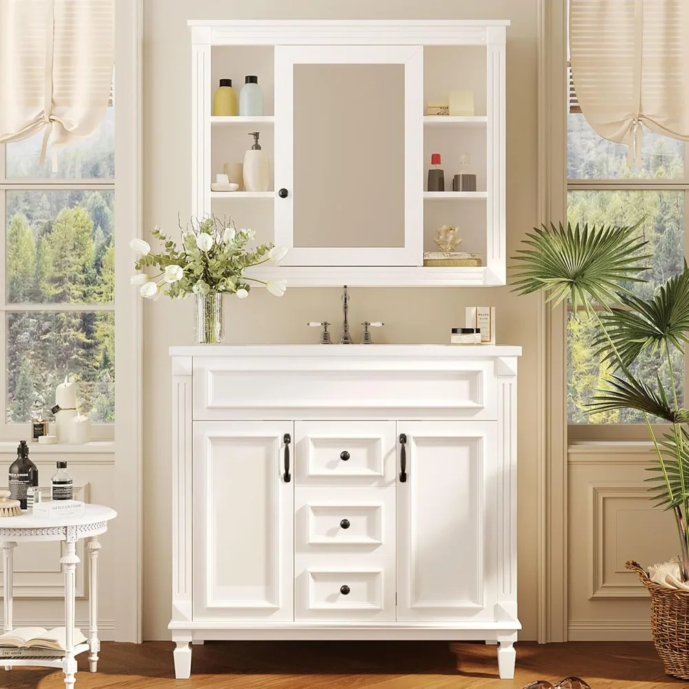 

36”Bathroom Vanity with Sink,36 inch Bathroom Cabinet with Matching Mirror Medicine Cabinet,Bathroom Storage with Sink Top