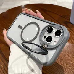 Glass Lens Stand Holder For Magsafe Magnetic Case For iPhone 17 16 15 Pro Max 14 13 12 11 Wireless Charge Clear Shockproof Cover