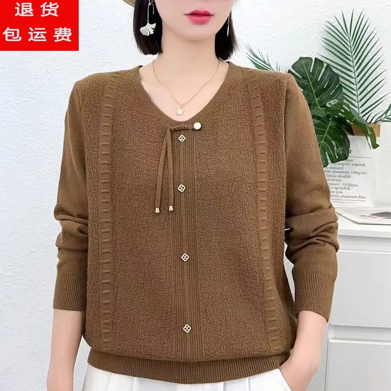 Bottoni con scollo a V impiombati di nuovo stile da donna autunnale Top con base allentata in maglione lavorato a maglia a maniche lunghe tinta unita alla moda