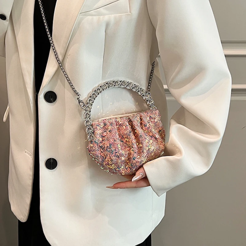 Bolso de lujo con lentejuelas para mujer, bandolera pequeña con pliegues incrustados de diamantes, novedad de 2024