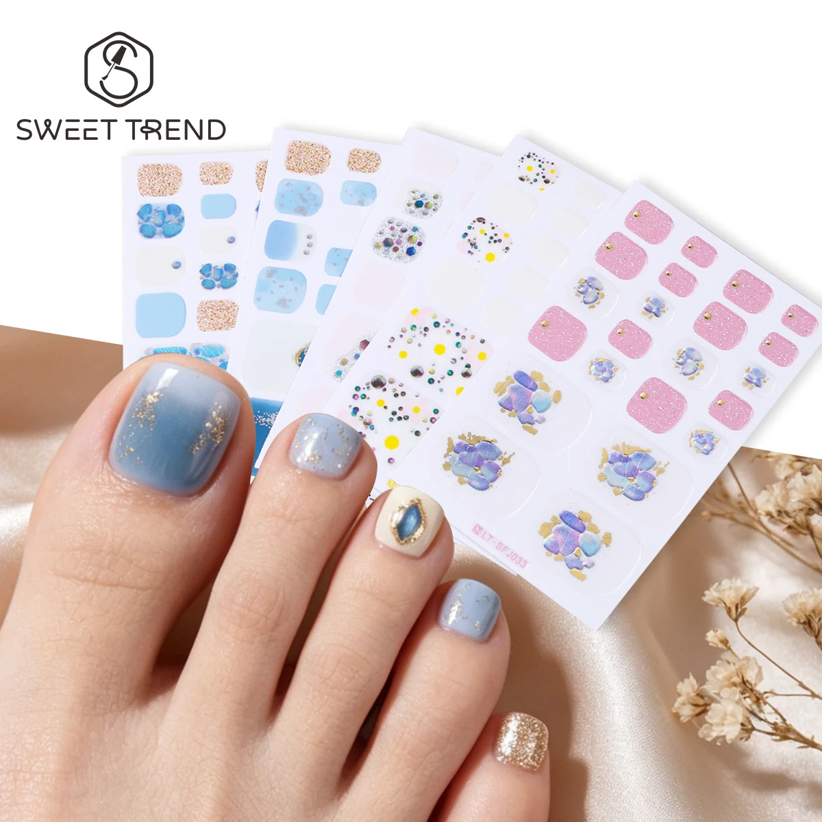 

5pcs Elegant Rhinestone Design Full Cover Toe Nails Wraps Shimmer Glitter Bronzing Gems Image Adhesive Toenail Decals Manicure