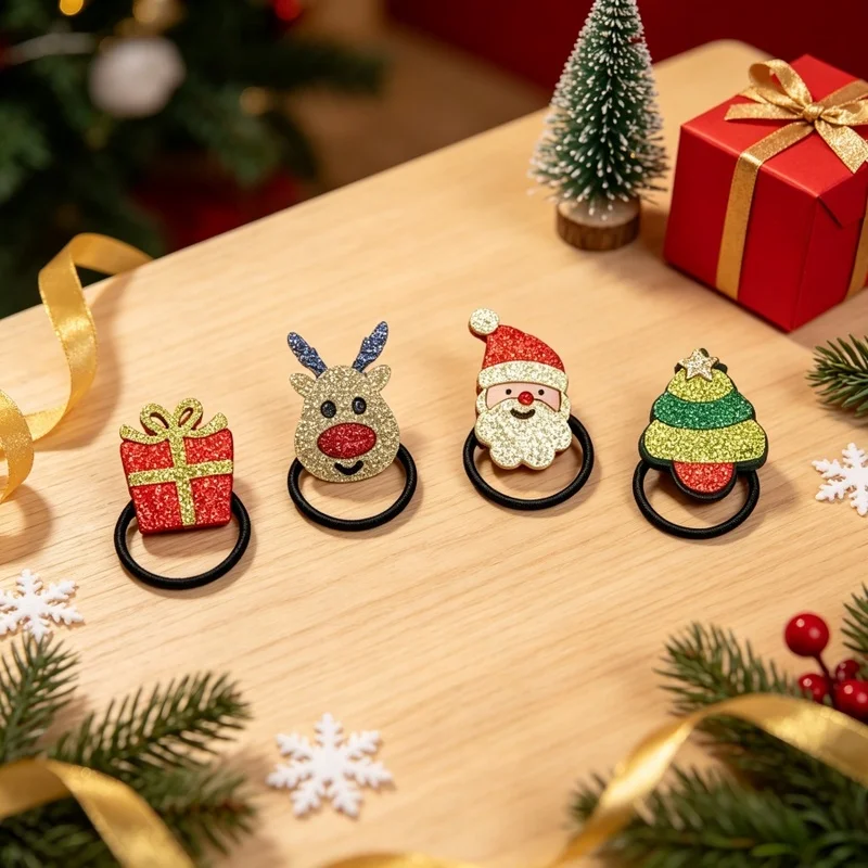 4Pcs/set Glitter Christmas Hair Ties Xmas Santa Reindeer Tree Gift Box Elastic Hair Bands Festive Holiday Hair Accessories