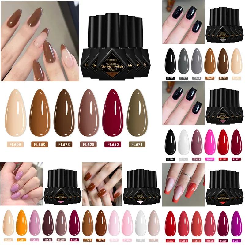 Zestaw 6 szt. lakierów hybrydowych do paznokci w kolorze kawowo-czerwonym, bez HEMA i TPO, półtrwałe, usuwalne, utwardzane UV, do manicure.