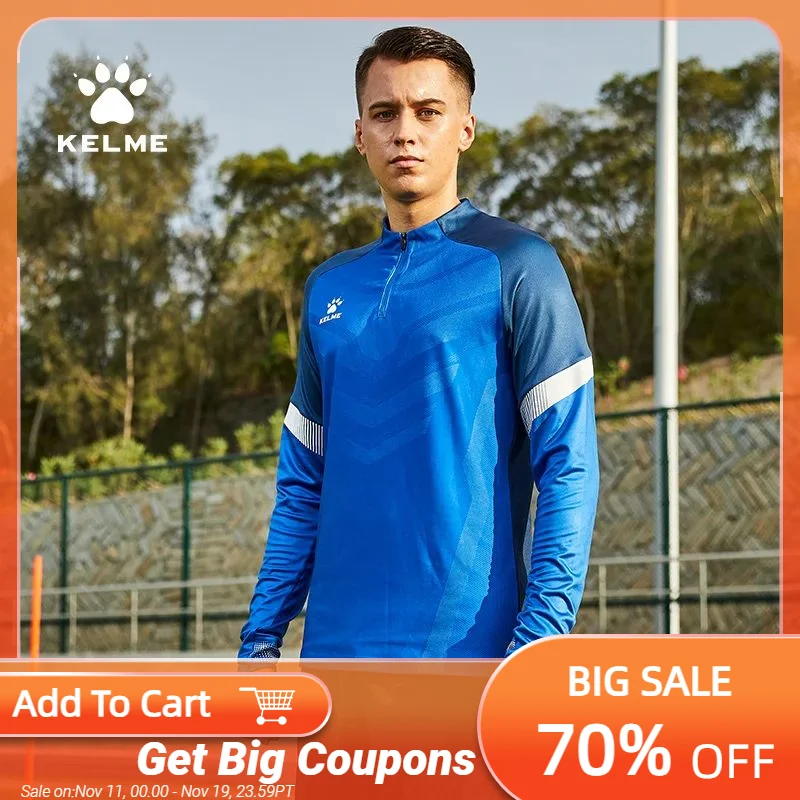 

KELME Football Training Suit Long-sleeved Custom Knitted Half Zipper Top Sportswear Thumb Button Sweater 8061TT1007