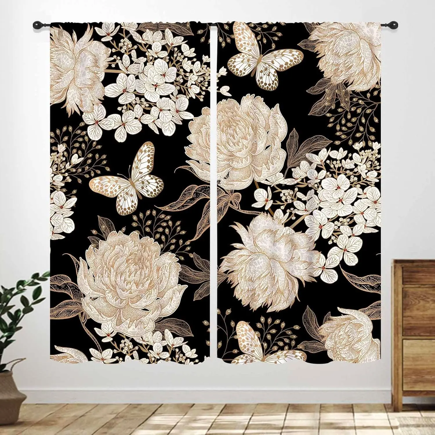 

Boho Flower Bedroom Curtains,Vintage Black Gold Roses Flower Peony Leaves Aesthetic Botanical Plant Bohemian Living Room Cafe Wi