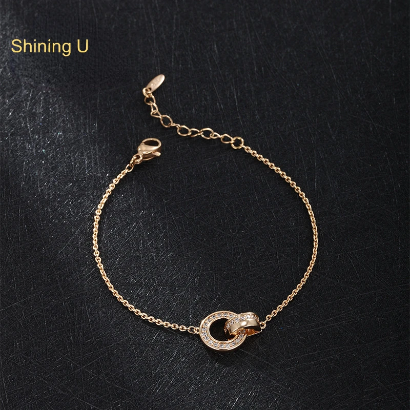 Shining U Copper Alloy Zircon Round Pendant Bracelet for Women 18K Gold Color Fashion Jewelry Gift