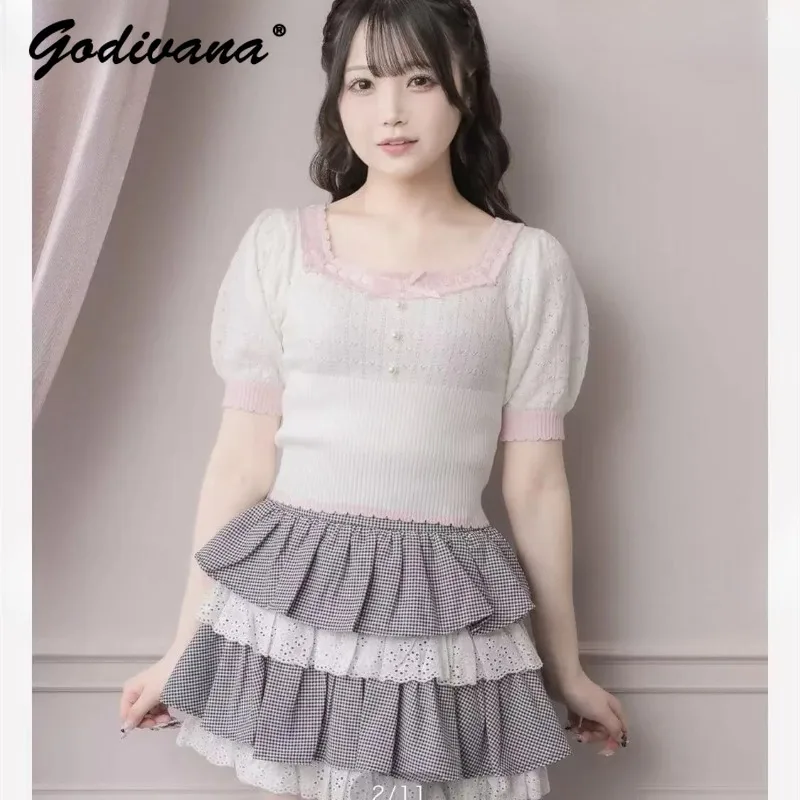 Japanese Style New Summer Girls Sweet Thread Lace Bow Short Sleeve Knitted Top Square Neck Women's Short T Shirts