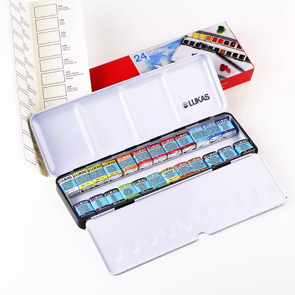 Lukas Reise-Aquarellfarbe, 24 Farben, halbe Pfannen, transparente Aquarellmalerei, Pinsel, Sketchers\' tragbare Palette, Metallbox