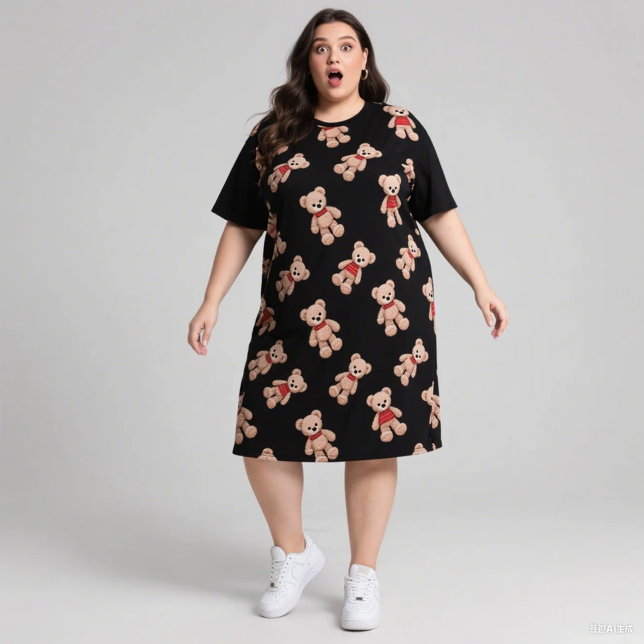 2025 Vestido de manga corta de talla grande para mujer con licencia de Disney, moda informal, muñeca de estilo, estampado de oso de peluche