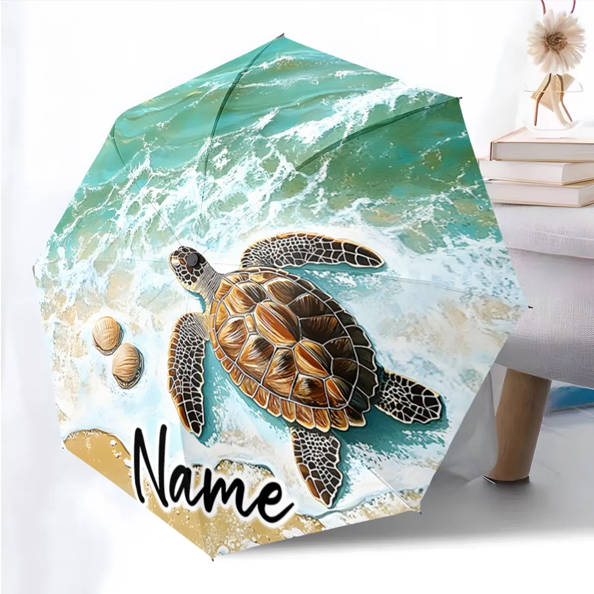 Custom Name Umbrella Ocean Dreams: Turtle Umbrella Art Print 8 Iron Ribs Folding Umbrella Auto-Open Fashion Sunshade