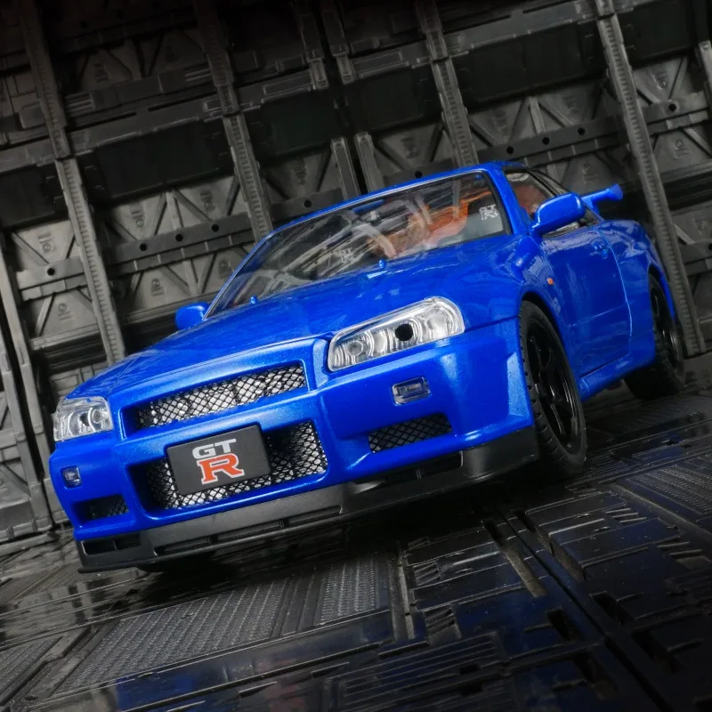 1:18 Nissan GT-R34 SKYLINE coche en miniatura de aleación súper coche deportivo acústico-óptico dirección extraíble puerta de juguete para niños se puede abrir