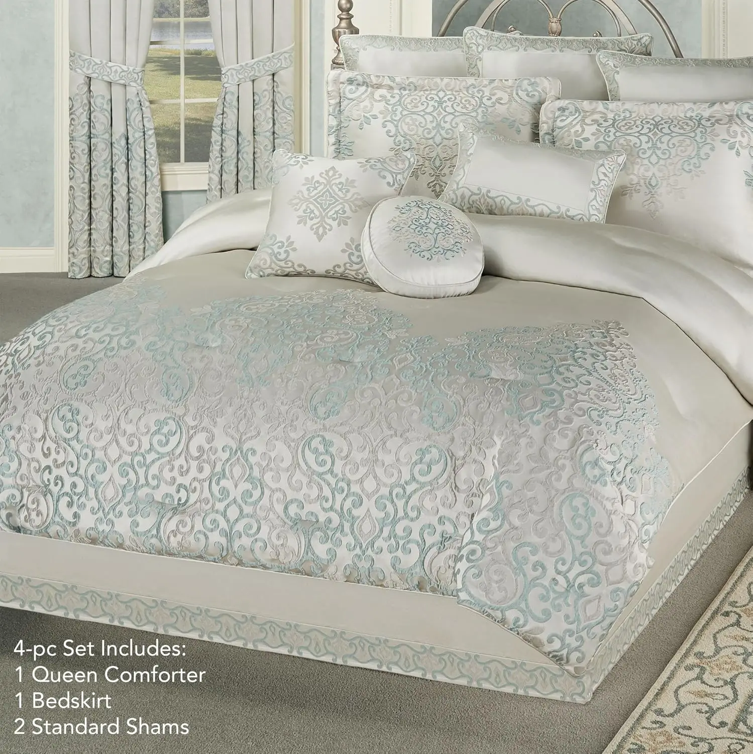 Luxurious Avalon Bedding | Sophisticated Jacquard Woven Scroll | Oyster Spa Silver Gray | 4 Piece Set: Queen Comforter, 2