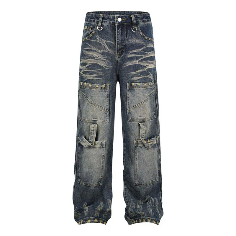 

Hi Street Multi Pockets Ribbons Jeans Pants Washed Hip Hop Streetwear Denim Trousers For Male Blue