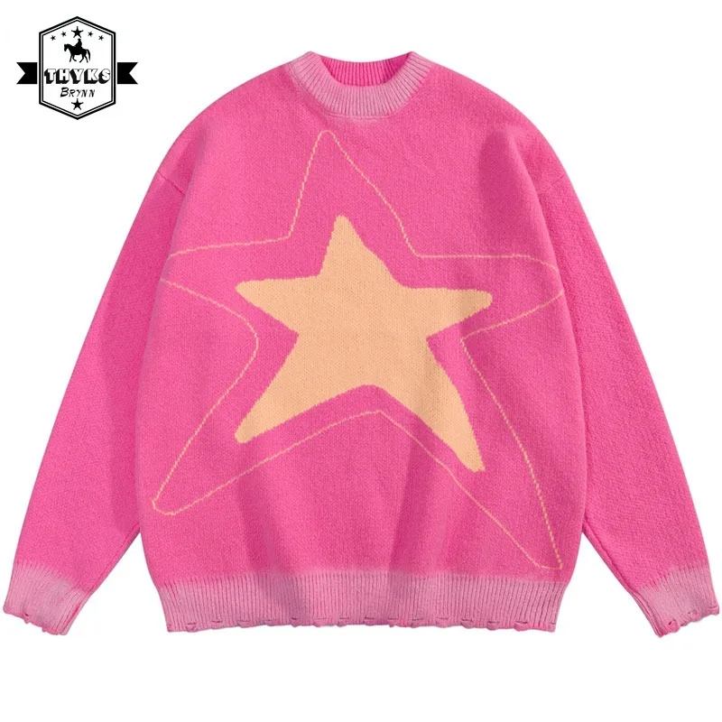 Pink Harajuku Star Sweater Women Y2K Hip Hop Knitted Graphic Ripped Distressed Jumper Streetwear Oversized Sweater Pullover Men