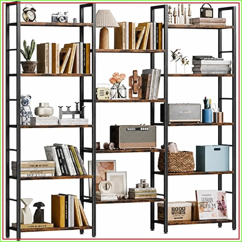 

Triple 5 Tier Bookshelf, Industrial Large Bookcase with 14 Open Shelves, Wide Book Shelf for Home Office, Brown