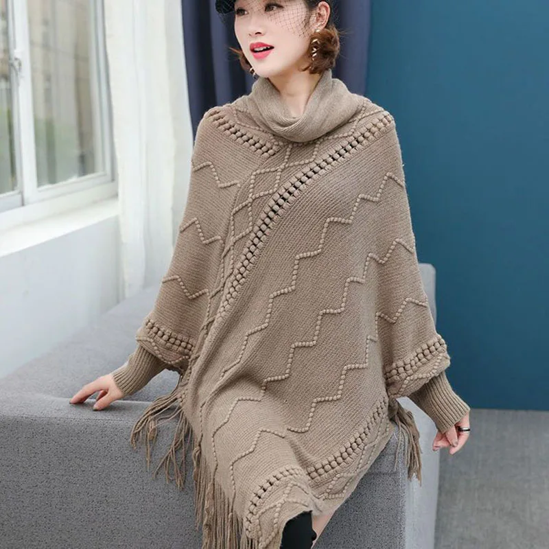 

Fashion Turtleneck Loose Irregular Tassel Batwing Sleeve Sweater Women's Clothing 2023 Winter New Casual Asymmetrical Pullovers